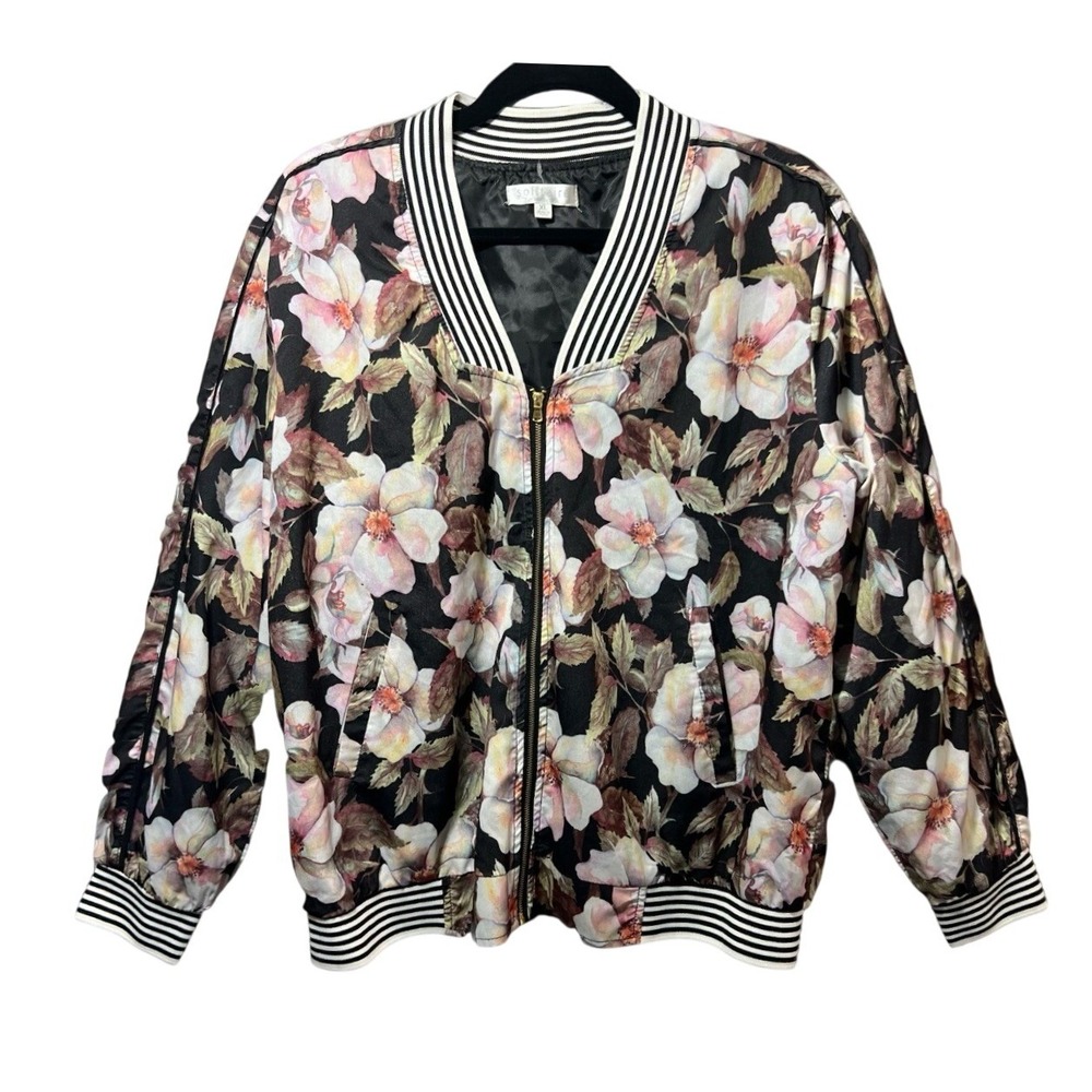 Solitaire Ravi Khosla Floral‎ Bomber Jacket Black Pink Striped Trim XL